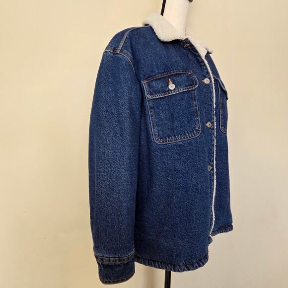 Old Navy Women's L Denim Sherpa Lined Jean Jacket Button Up Pockets Blue - Picture 3 of 16